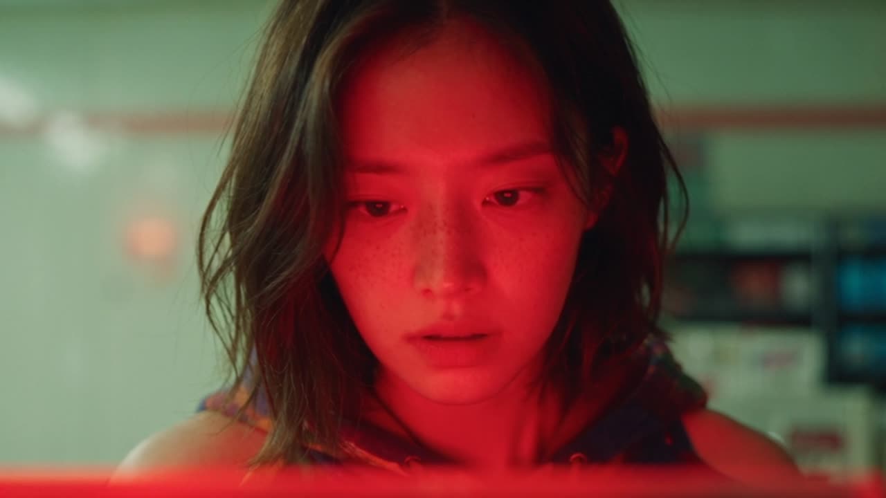 붉은 조명 아래 고개를 숙인 여자